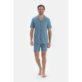 Ensemble De Pyjama Chemise Basique Avec Poche À Manches Courtes Homme Bleu