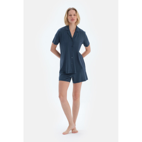 Ensemble De Pyjama Chemise-Short Tissée Avec Étiquette Tissée Femme Bleu Marine