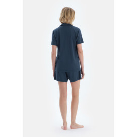 Ensemble De Pyjama Chemise-Short Tissée Avec Étiquette Tissée Femme Bleu Marine