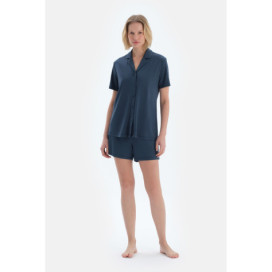 Ensemble De Pyjama Chemise-Short Tissée Avec Étiquette Tissée Femme Bleu Marine