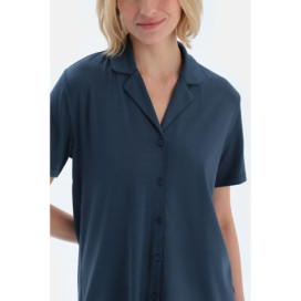 Ensemble De Pyjama Chemise-Short Tissée Avec Étiquette Tissée Femme Bleu Marine