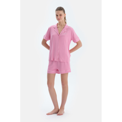 Ensemble Pyjama Chemise Short En Viscose Détaillé Passepoils Et Broderie Femme Rose