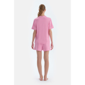 Ensemble Pyjama Chemise Short En Viscose Détaillé Passepoils Et Broderie Femme Rose