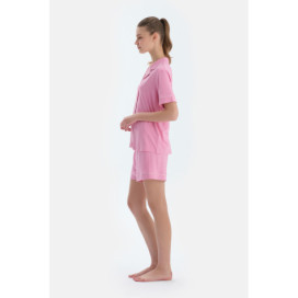 Ensemble Pyjama Chemise Short En Viscose Détaillé Passepoils Et Broderie Femme Rose