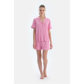 Ensemble Pyjama Chemise Short En Viscose Détaillé Passepoils Et Broderie Femme Rose