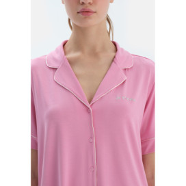 Ensemble Pyjama Chemise Short En Viscose Détaillé Passepoils Et Broderie Femme Rose