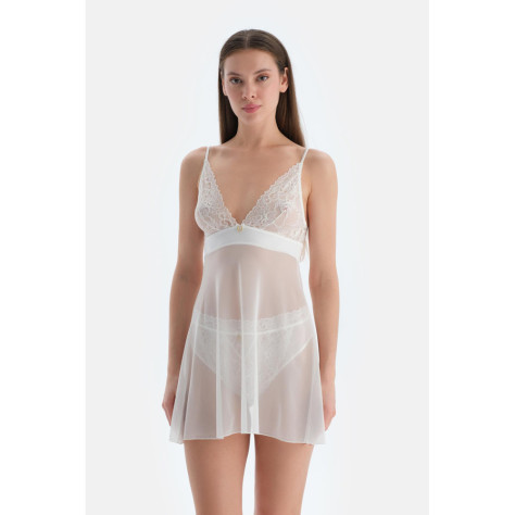 Babydoll En Tulle Détail Dentelle Femme Blanc