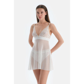 Babydoll En Tulle Détail Dentelle Femme Blanc