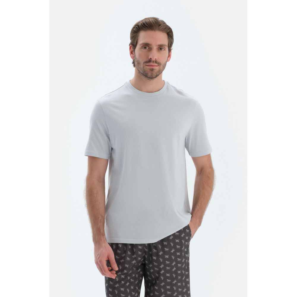 T-Shirt Basique Manches Courtes Col Rond Homme Gris Clair