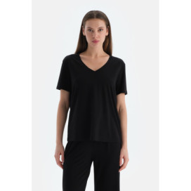 T-Shirt À Manches Courtes Col V Femme Noir