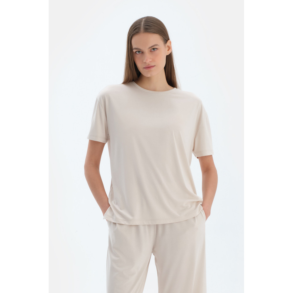 T-Shirt Basique En Modal À Manches Courtes Femme Crème