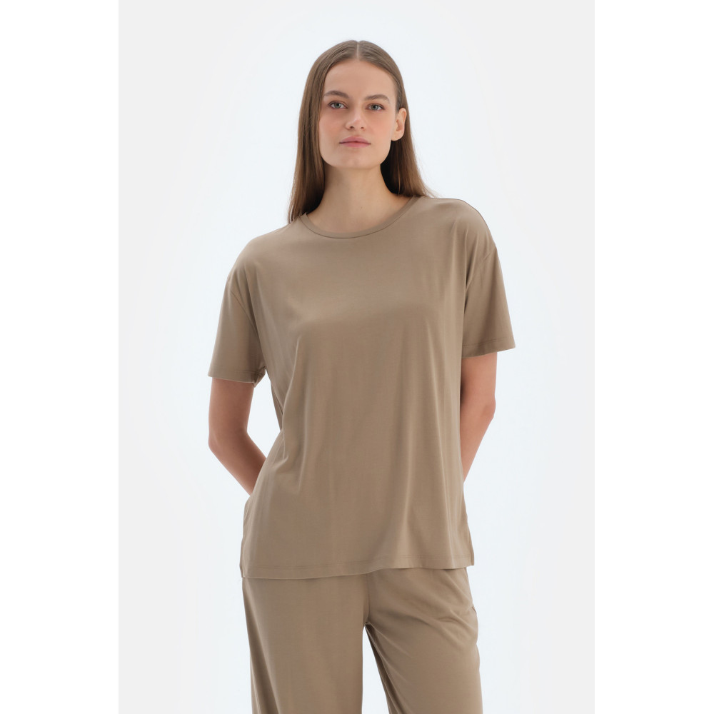 T-Shirt Basique En Modal À Manches Courtes Femme Marron Clair