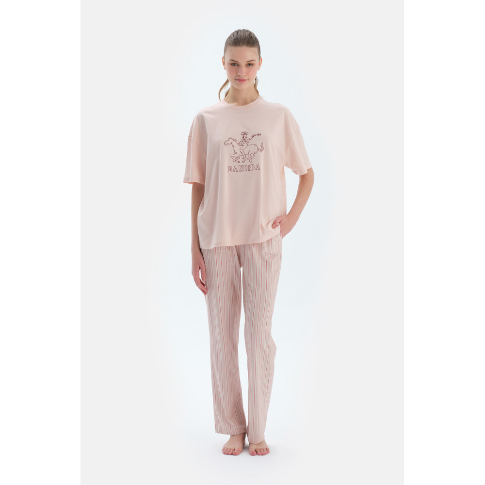 Ensemble De Pyjama T-Shirt Et Pantalon À Manches Courtes Col Rond Femme Rose Clair