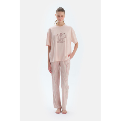 Ensemble De Pyjama T-Shirt Et Pantalon À Manches Courtes Col Rond Femme Rose Clair