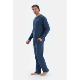 Raglan Manches Longues Basique T-Shirt Pantalon Pyjama Ensemble Homme Bleu Marine