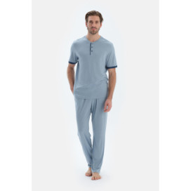Ensemble De Pyjama T-Shirt Pantalon Plat Basique À Manches Courtes Homme Bleu Clair