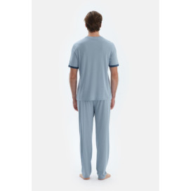Ensemble De Pyjama T-Shirt Pantalon Plat Basique À Manches Courtes Homme Bleu Clair