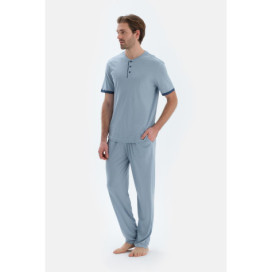 Ensemble De Pyjama T-Shirt Pantalon Plat Basique À Manches Courtes Homme Bleu Clair