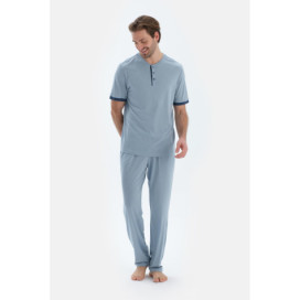 Ensemble De Pyjama T-Shirt Pantalon Plat Basique À Manches Courtes Homme Bleu Clair