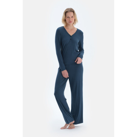 Ensemble Pyjama T-Shirt Pantalon Camsoset Col V Viscose Femme Bleu Marine