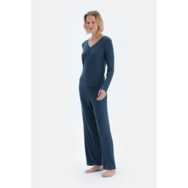 Ensemble Pyjama T-Shirt Pantalon Camsoset Col V Viscose Femme Bleu Marine