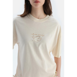 Broderie Détaillée Manches Courtes Ensemble Pyjama T-Shirt Pantalon Basique Femme Ecru