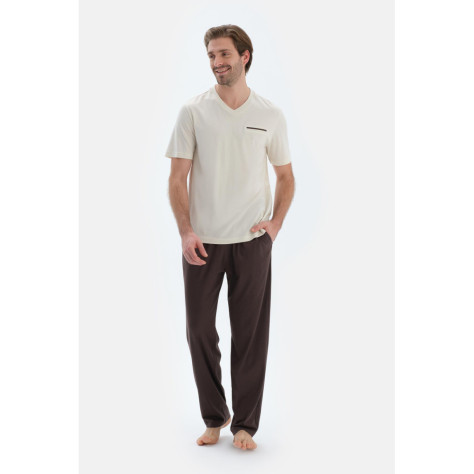 Col V Manches Courtes Poche Fleto Basique T-Shirt Pantalon Pyjama Ensemble Homme Beige