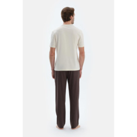 Col V Manches Courtes Poche Fleto Basique T-Shirt Pantalon Pyjama Ensemble Homme Beige