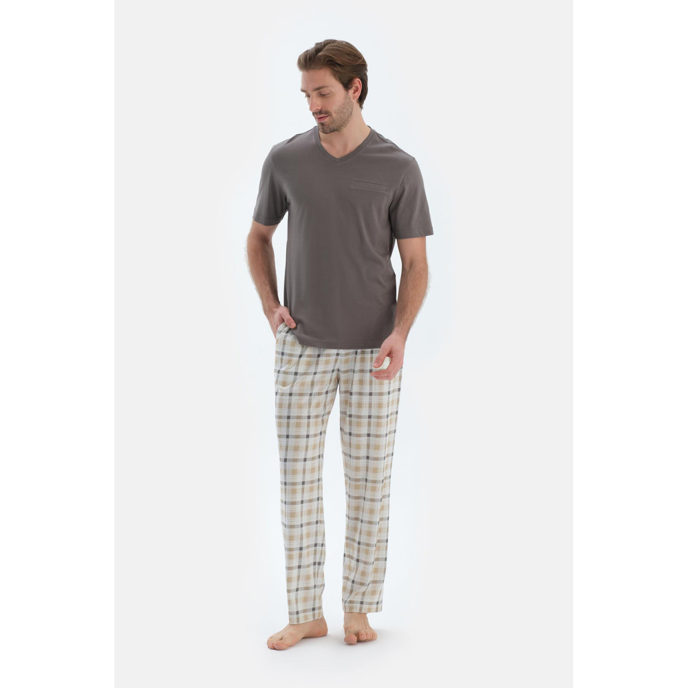 Col V Manches Courtes T-Shirt Pantalon Pyjama Ensemble Homme Gris