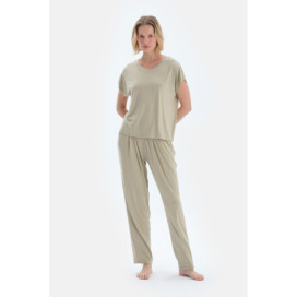 Ensemble Pyjama T-Shirt Plissé Col V Femme Sauge