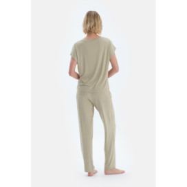 Ensemble Pyjama T-Shirt Plissé Col V Femme Sauge