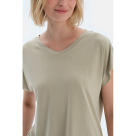 Ensemble Pyjama T-Shirt Plissé Col V Femme Sauge