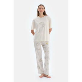 Ensemble De Pyjama T-Shirt À Manches Courtes Et Pantalon Imprimé Femme Ecru