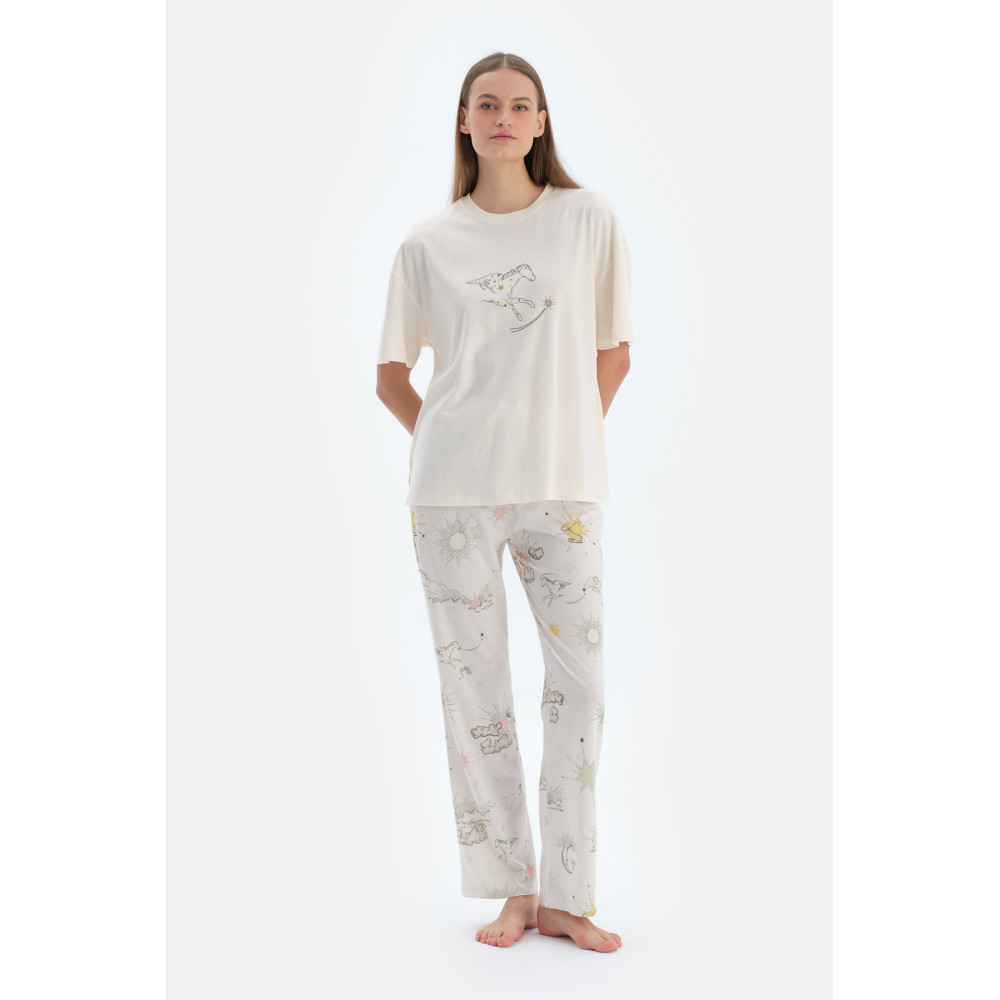 Ensemble De Pyjama T-Shirt À Manches Courtes Et Pantalon Imprimé Femme Ecru