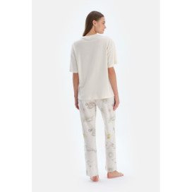 Ensemble De Pyjama T-Shirt À Manches Courtes Et Pantalon Imprimé Femme Ecru