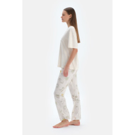 Ensemble De Pyjama T-Shirt À Manches Courtes Et Pantalon Imprimé Femme Ecru