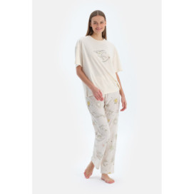 Ensemble De Pyjama T-Shirt À Manches Courtes Et Pantalon Imprimé Femme Ecru