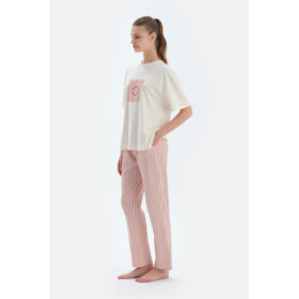 Ensemble De Pyjama T-Shirt À Manches Courtes Et Pantalon Imprimé Femme Ecru