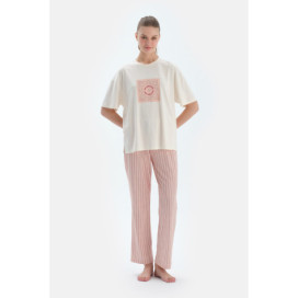 Ensemble De Pyjama T-Shirt À Manches Courtes Et Pantalon Imprimé Femme Ecru