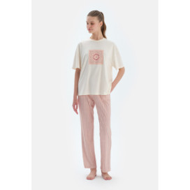 Ensemble De Pyjama T-Shirt À Manches Courtes Et Pantalon Imprimé Femme Ecru