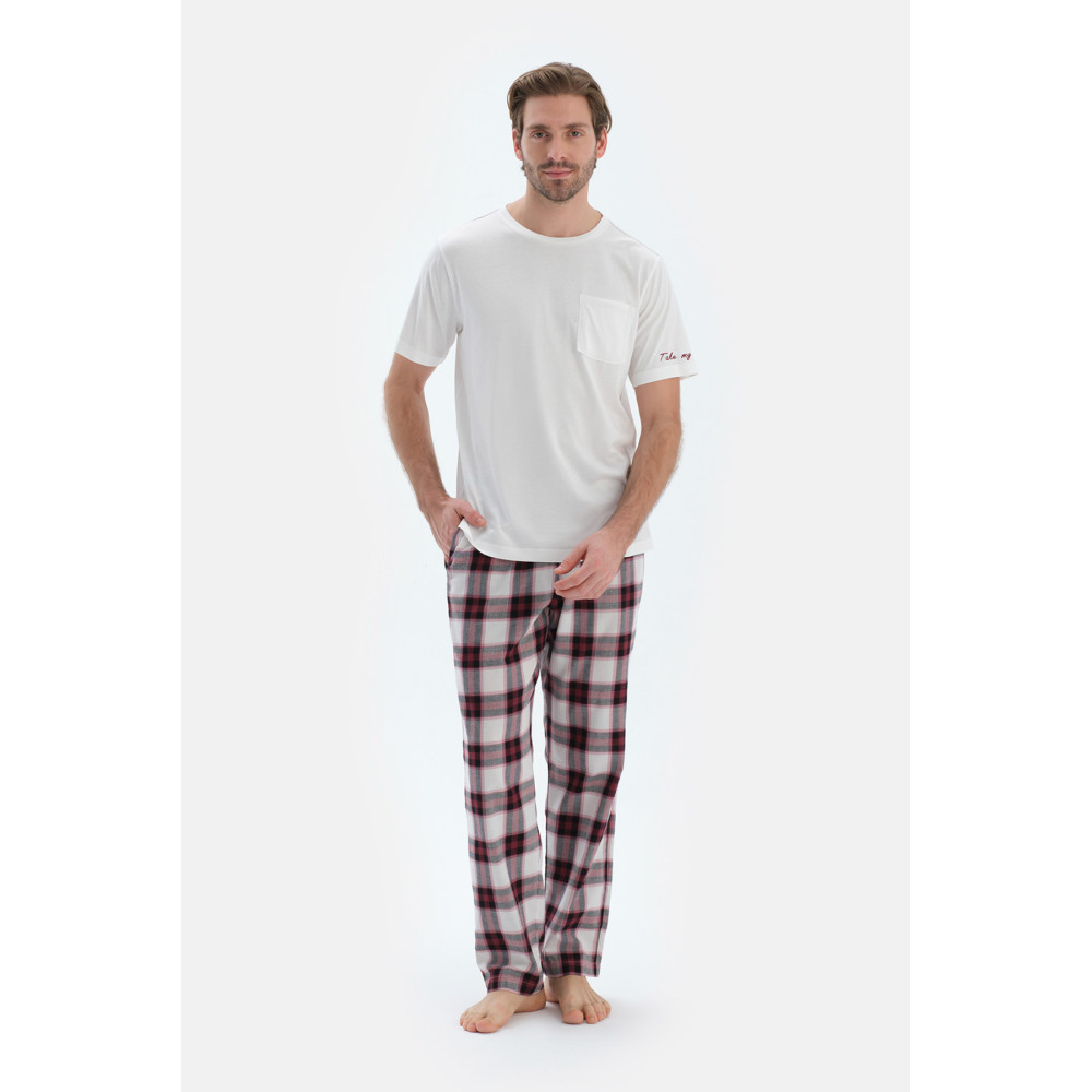 Broderie Détaillée Tissé À Carreaux T-Shirt Pantalon Pyjama Ensemble Homme Ecru