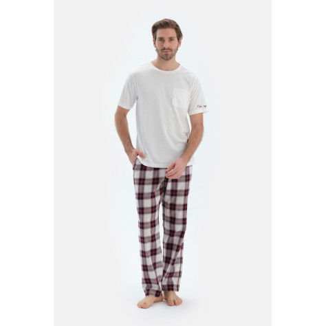 Broderie Détaillée Tissé À Carreaux T-Shirt Pantalon Pyjama Ensemble Homme Ecru