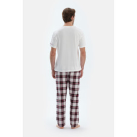 Broderie Détaillée Tissé À Carreaux T-Shirt Pantalon Pyjama Ensemble Homme Ecru