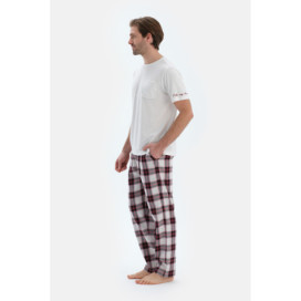 Broderie Détaillée Tissé À Carreaux T-Shirt Pantalon Pyjama Ensemble Homme Ecru