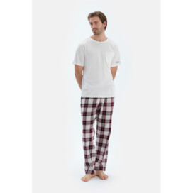 Broderie Détaillée Tissé À Carreaux T-Shirt Pantalon Pyjama Ensemble Homme Ecru