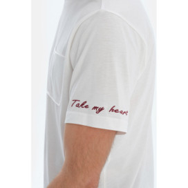 Broderie Détaillée Tissé À Carreaux T-Shirt Pantalon Pyjama Ensemble Homme Ecru