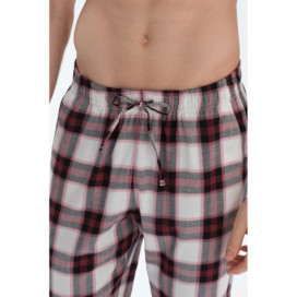 Broderie Détaillée Tissé À Carreaux T-Shirt Pantalon Pyjama Ensemble Homme Ecru