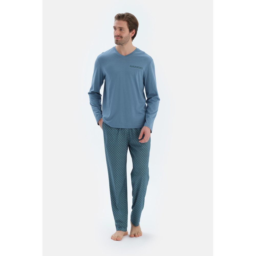 Col En V Manches Longues Basique T-Shirt Pantalon Pyjama Ensemble Homme Bleu