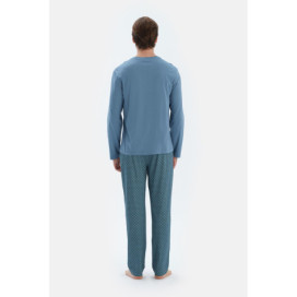 Col En V Manches Longues Basique T-Shirt Pantalon Pyjama Ensemble Homme Bleu