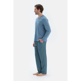 Col En V Manches Longues Basique T-Shirt Pantalon Pyjama Ensemble Homme Bleu